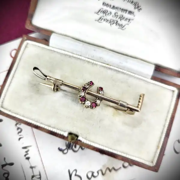 9ct Gold Polo Mallet Brooch with Ruby & Diamond Horseshoe