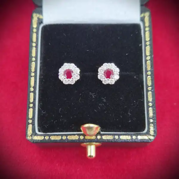 Floral Ruby and Diamond Cluster Earrings in 18ct Yellow Gold