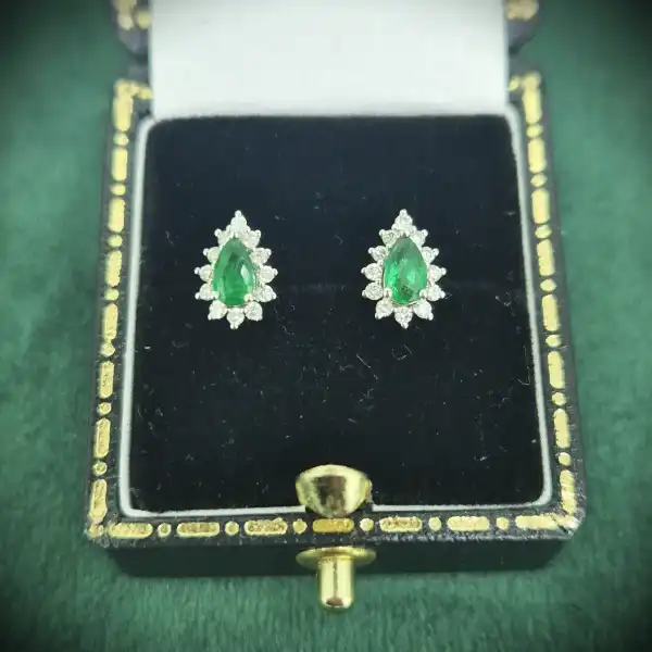 Diamond and Emerald Pear Drop Earrings in 18ct White Gold