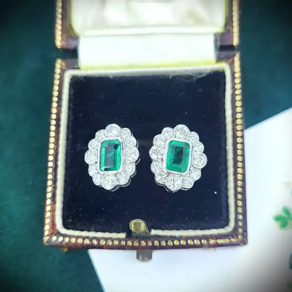 Emerald and Diamond Cluster Earrings in 18ct Gold