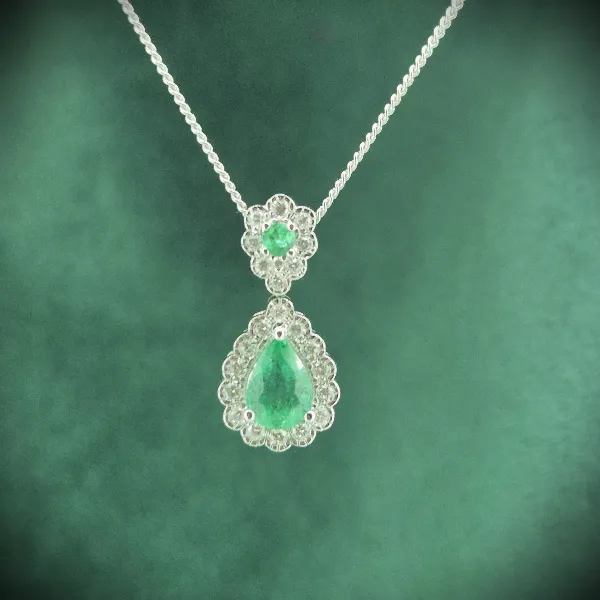 Emerald & Diamond Drop Pendant in 18ct White Gold