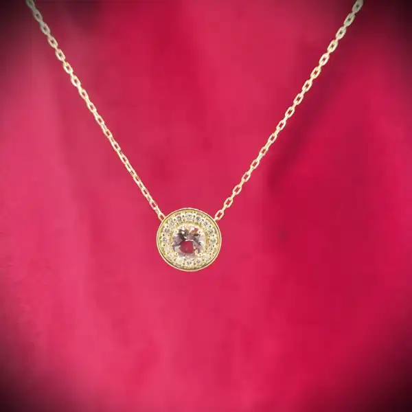 18ct Yellow Gold Rose Quartz & Diamond Halo Pendant