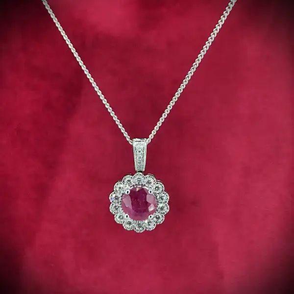 18ct White Gold Ruby & Diamond Floral Pendant