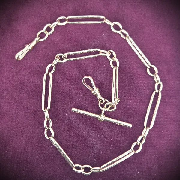 9ct Rose Gold Trombone Link Albert Chain with T-Bar