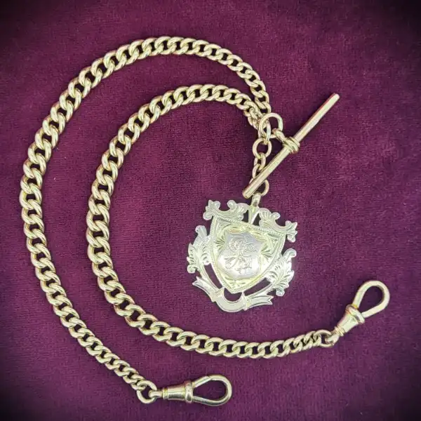 Date 1906 -1907! Rose Gold Antique Albert Chain with Medal and T-Bar