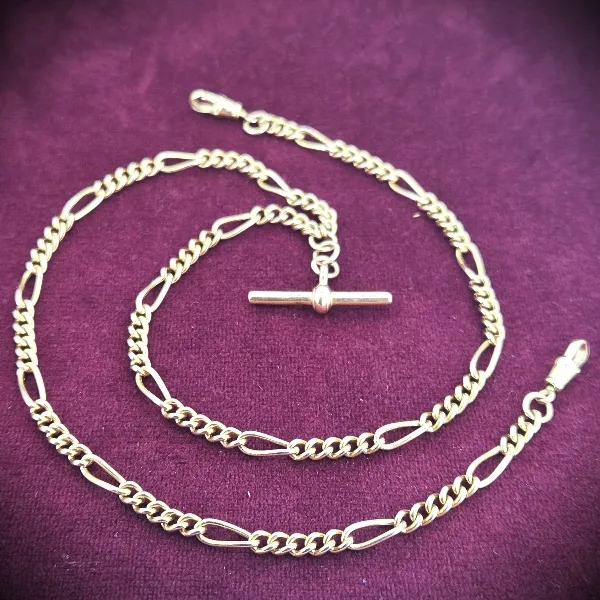 Vintage Yellow Gold Figaro Necklace with T-Bar