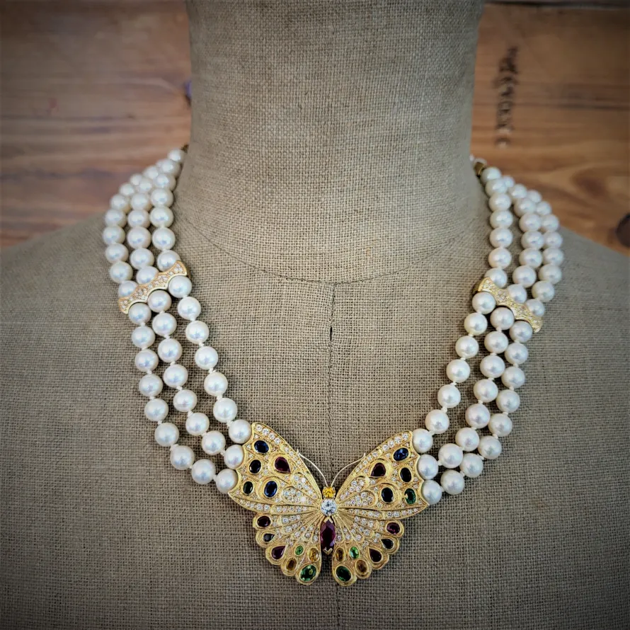 Diamond & Coloured Gemstone Butterfly & Pearl Necklace