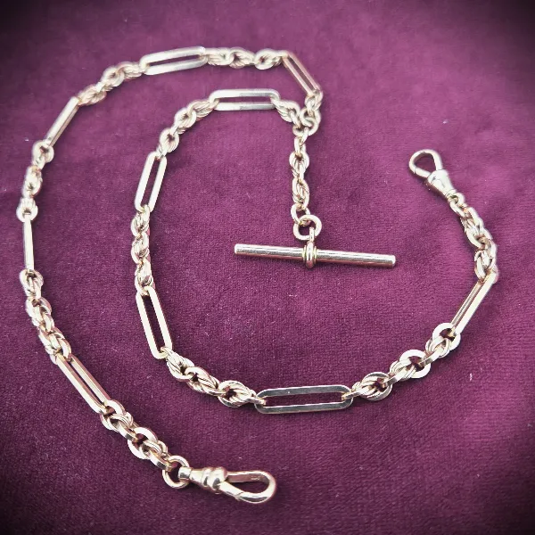 9ct Rose Gold Trombone and Rope Link Albert Chain