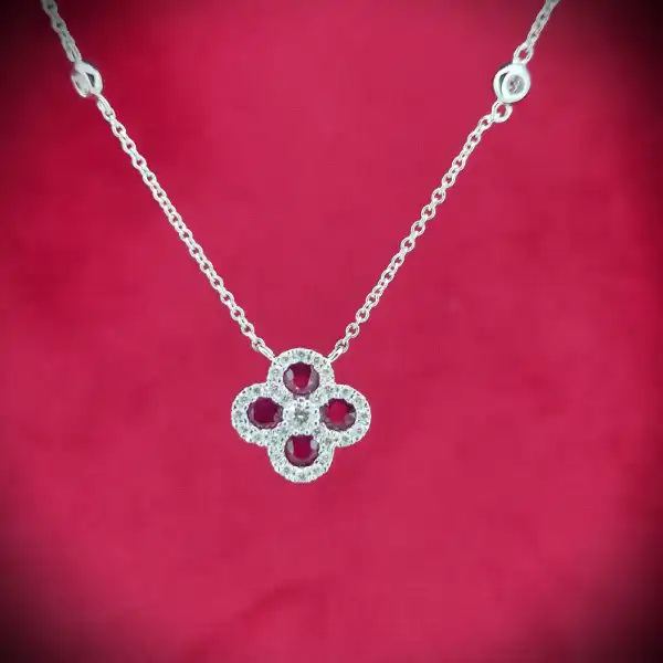 18ct White Gold Diamond and Ruby Clover Style Pendant