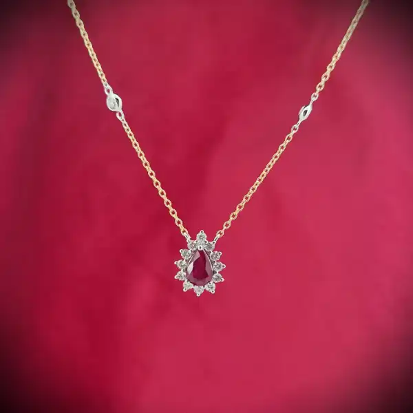 18ct Yellow Gold Diamond and Ruby Tear Drop Pendant