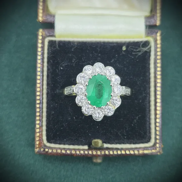 Emerald & Diamond Victorian Style Cluster Ring in 18ct Yellow Gold