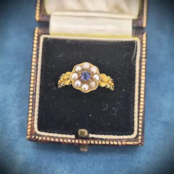 18ct Yellow Gold Antique Sapphire and Seed Pearl Cluster Ring