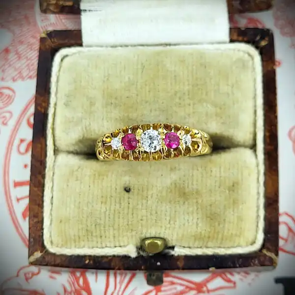 Date 1906! 18ct Antique Ruby & Diamond Boat Ring