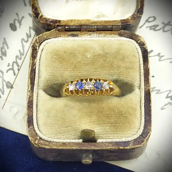 Date 1896! 18ct Gold Diamond & Sapphire Boat Ring