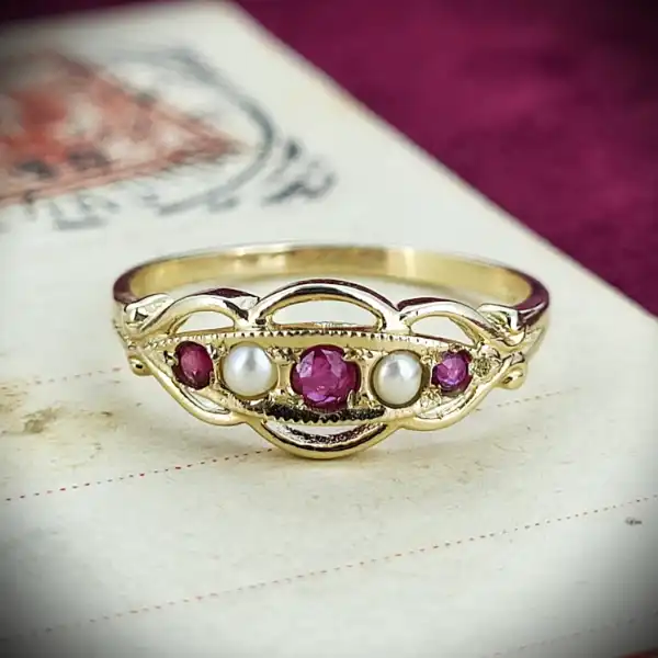 9ct Yellow Gold Ruby & Seed Pearl Ring