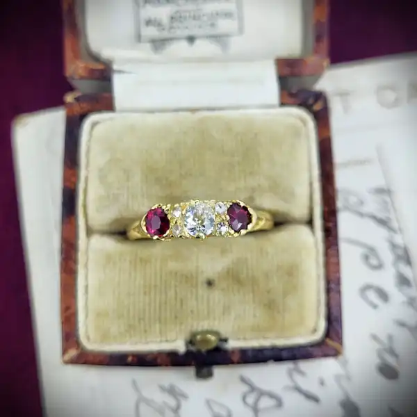 18ct Yellow Gold Antique Ruby & Diamond Three Stone Ring