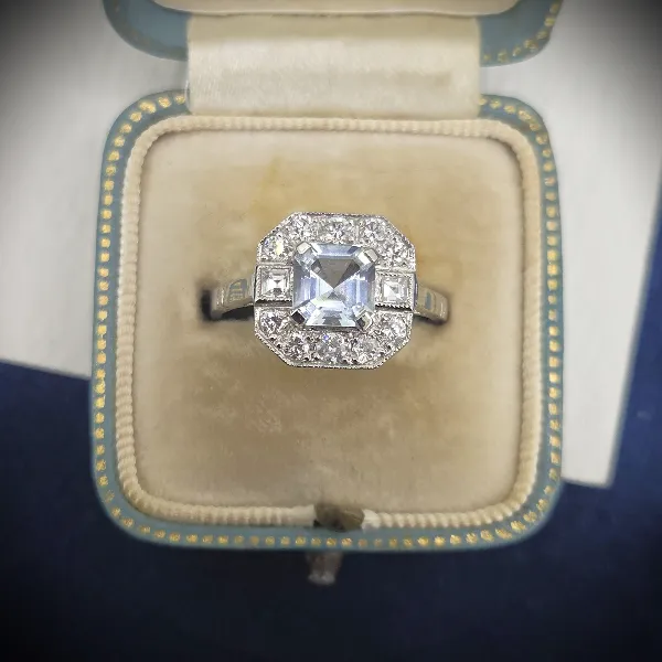 Platinum Art Deco Style Aquamarine & Diamond Ring
