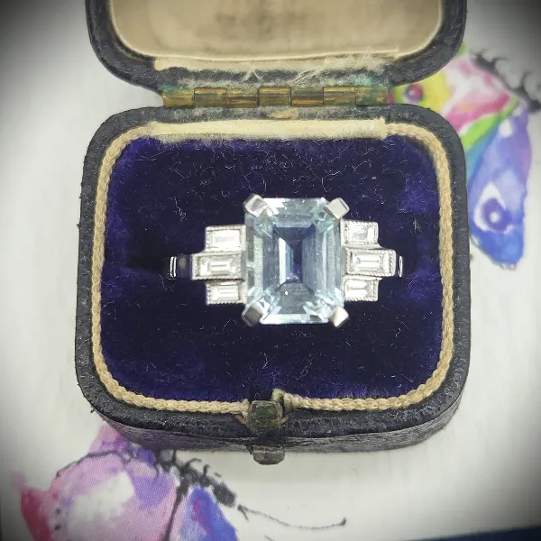Art Deco Aquamarine & Diamond Ring in Platinum