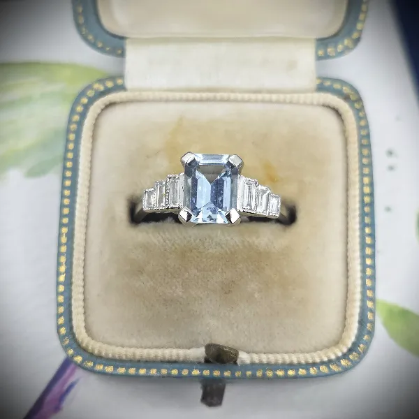 Art Deco Aquamarine & Emerald Cut Diamond Ring in Platinum