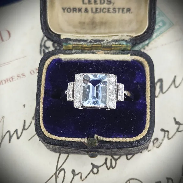 Art Deco Style Aquamarine Diamond Ring set in Platinum