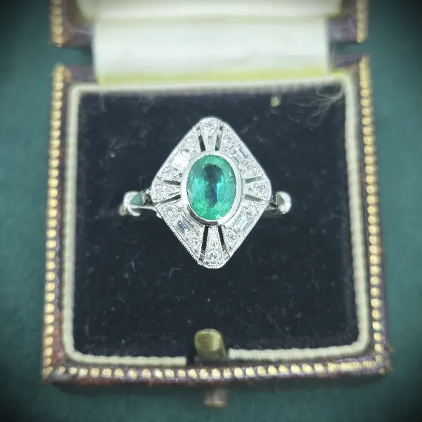 Emerald & Diamond Art Deco Style Platinum Ring
