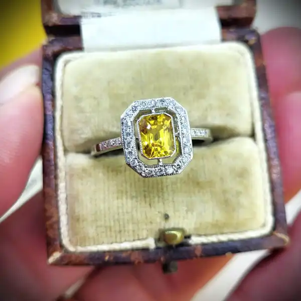 Platinum Art Deco Yellow Sapphire & Diamond Ring