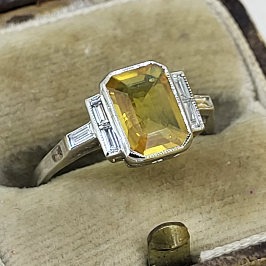 Platinum Art Deco Yellow Sapphire & Diamond Ring