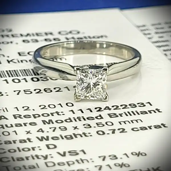 Platinum GIA Certified Princess Cut Diamond Solitaire weighing 0.72cts