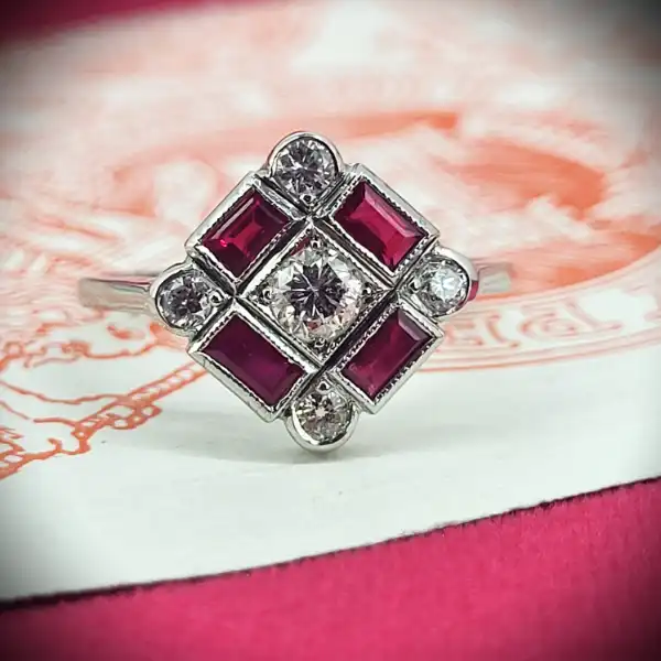 Platinum Ruby and Diamond Art Deco Ring