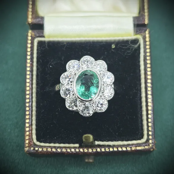 Platinum Victorian Emerald & Diamond Cluster