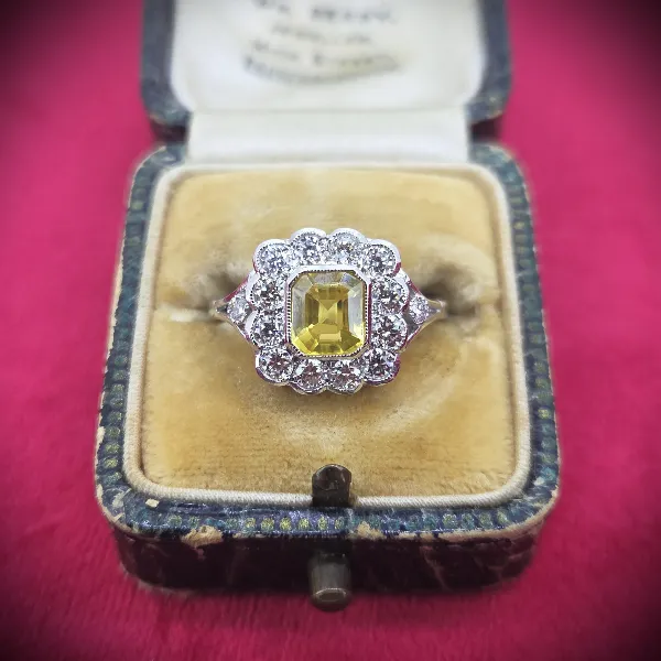 Platinum Yellow Sapphire & Diamond Art Deco Style Ring