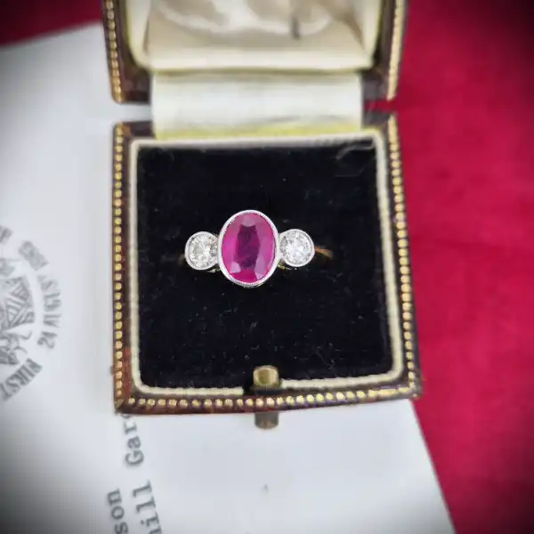 18ct Rub-Over Traditional Ruby and Diamond Trilogy Ring